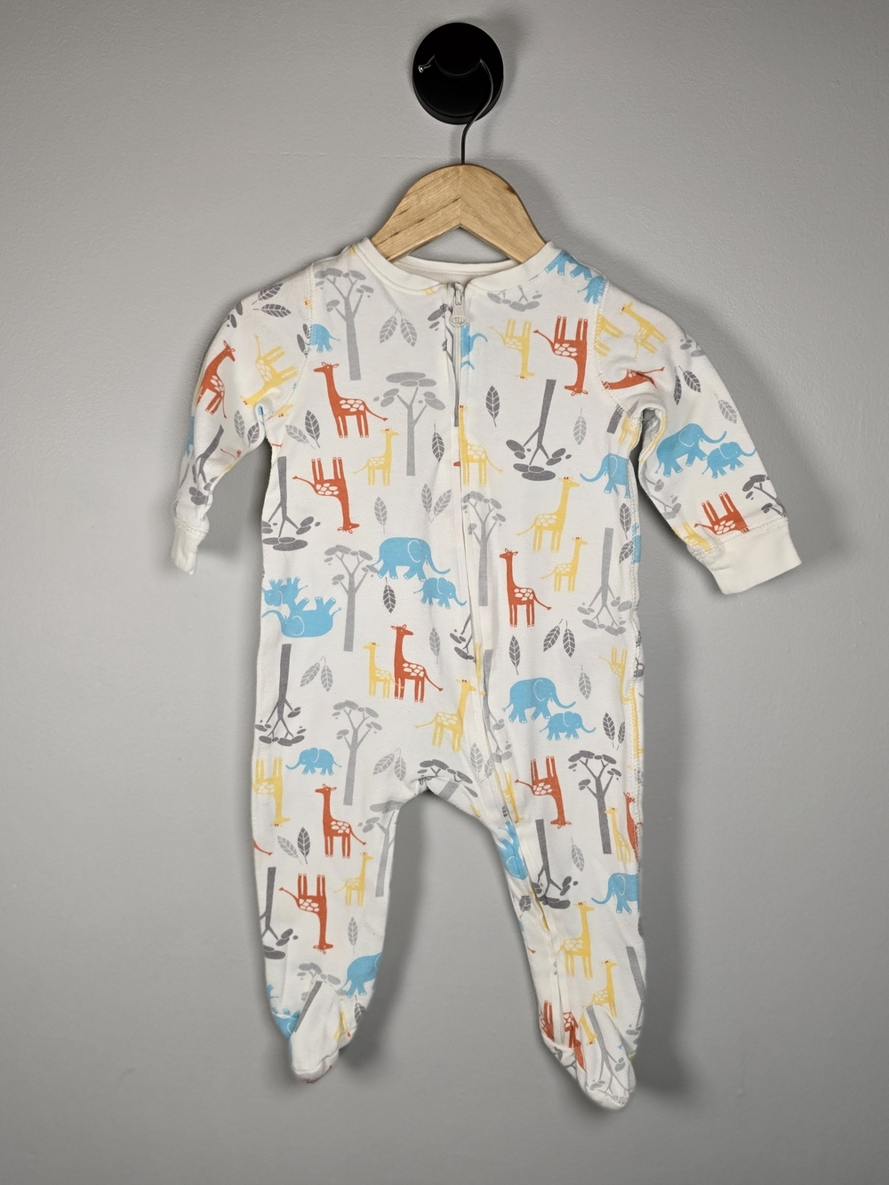 GAP White Baby One-Piece with Blue, Yellow, Orange and Gray Safari Animals
